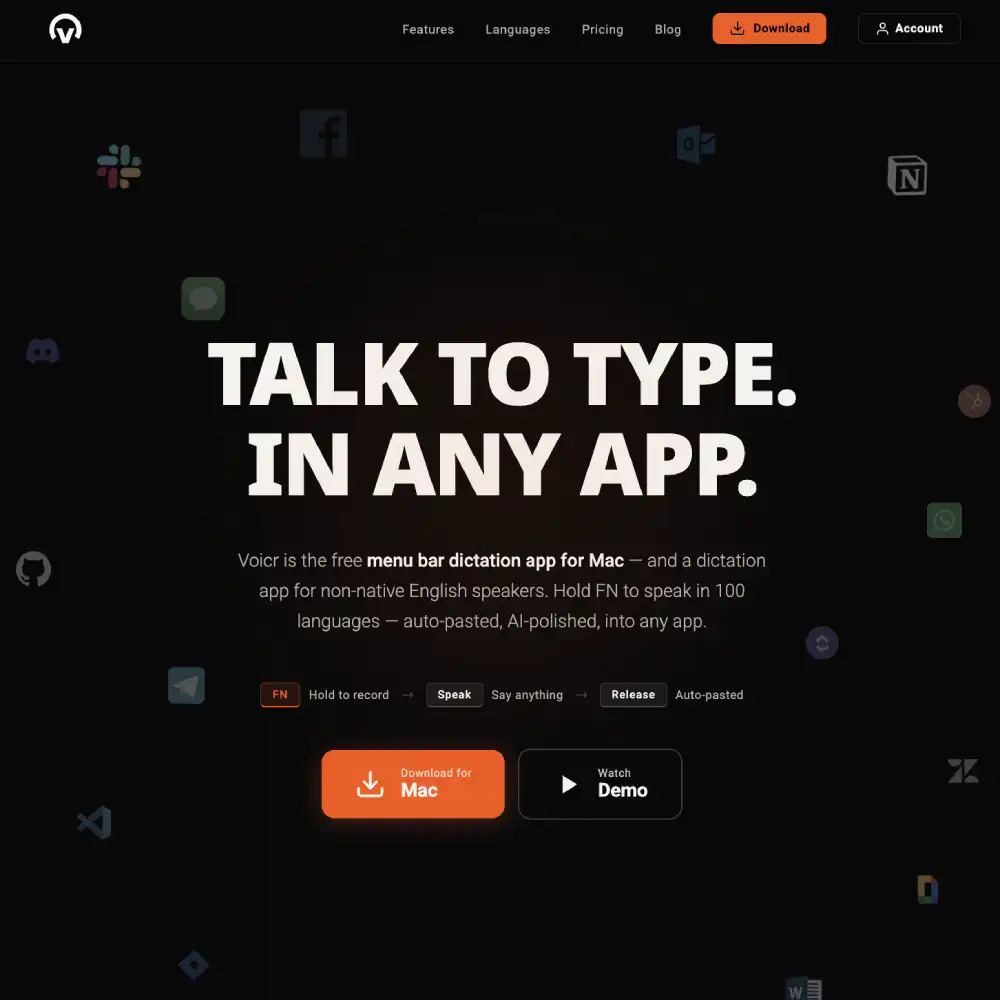 Voicr website with the headline Talk to type in any app, surrounded by icons of apps Voicr works inside